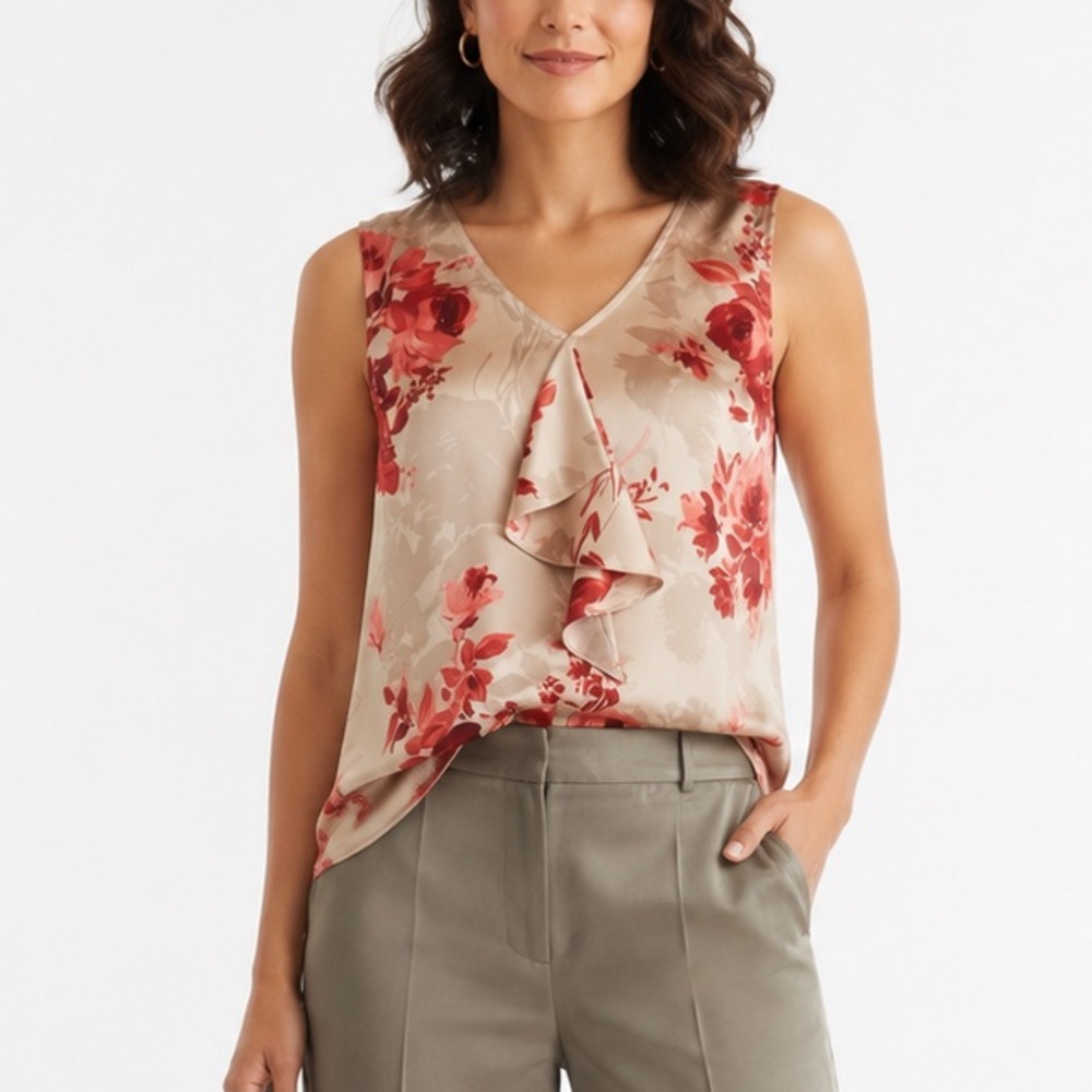 St. John Blouse S Beige Red Flowers Silk Satin Sleeveless V-Neck Ruffle